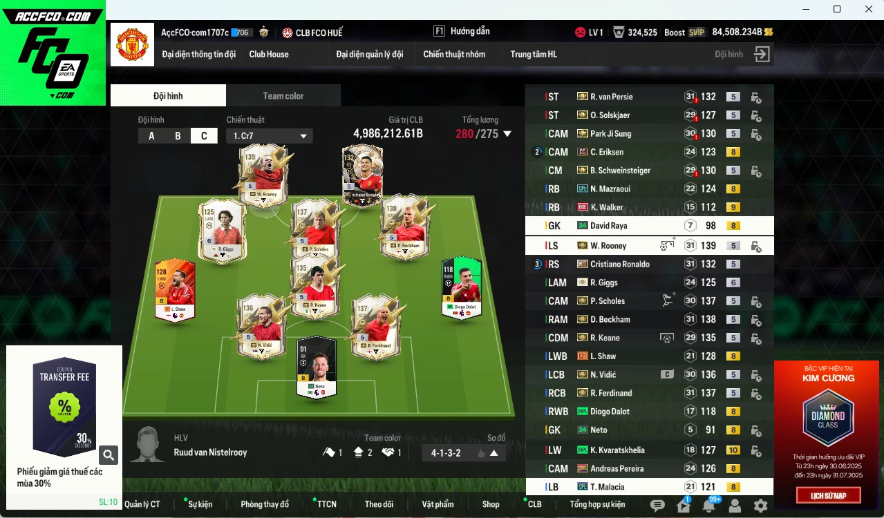 [ACC Rẻ🔥] Man Utd. 4.986.210b dư 84.500b có Rooney ITM+5, Beckham ITM+5, Van Persie ITM+5, Ferdinand ITM+5, Schweisteiger ITM+5, Scholes ITM+5, Keane ITM+5, Vidic ITM+5, CR7 BLD, Park ITM+5, Ole ITM+5... HLV Xịn (VIP KC Tháng 7, BK Tháng 8)